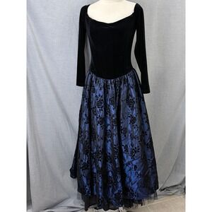 Vintage Scott McClintock Velvet Burnout Floral Maxi Dress Blue Black 12